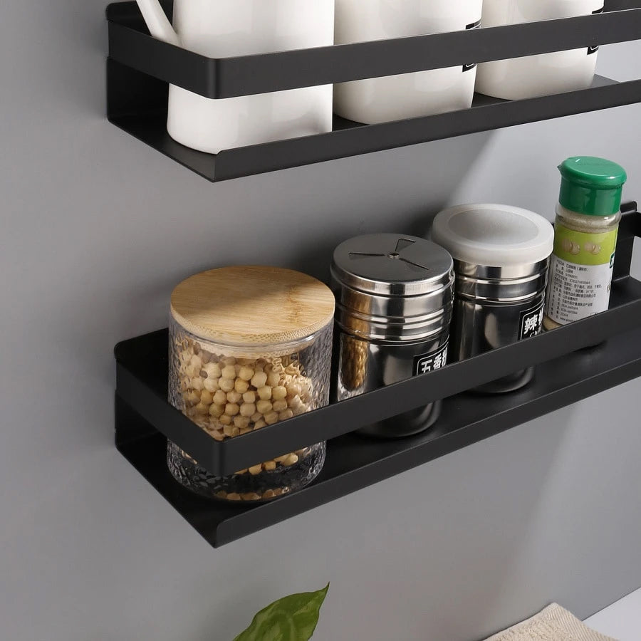 Industrial Design Stainless Steel Kitchen Shelf Racking For Storing Pots Jars Tea Coffee Spices etc Modern Aesthetics In Matt Black Or Brushed Silver 4 Sizes