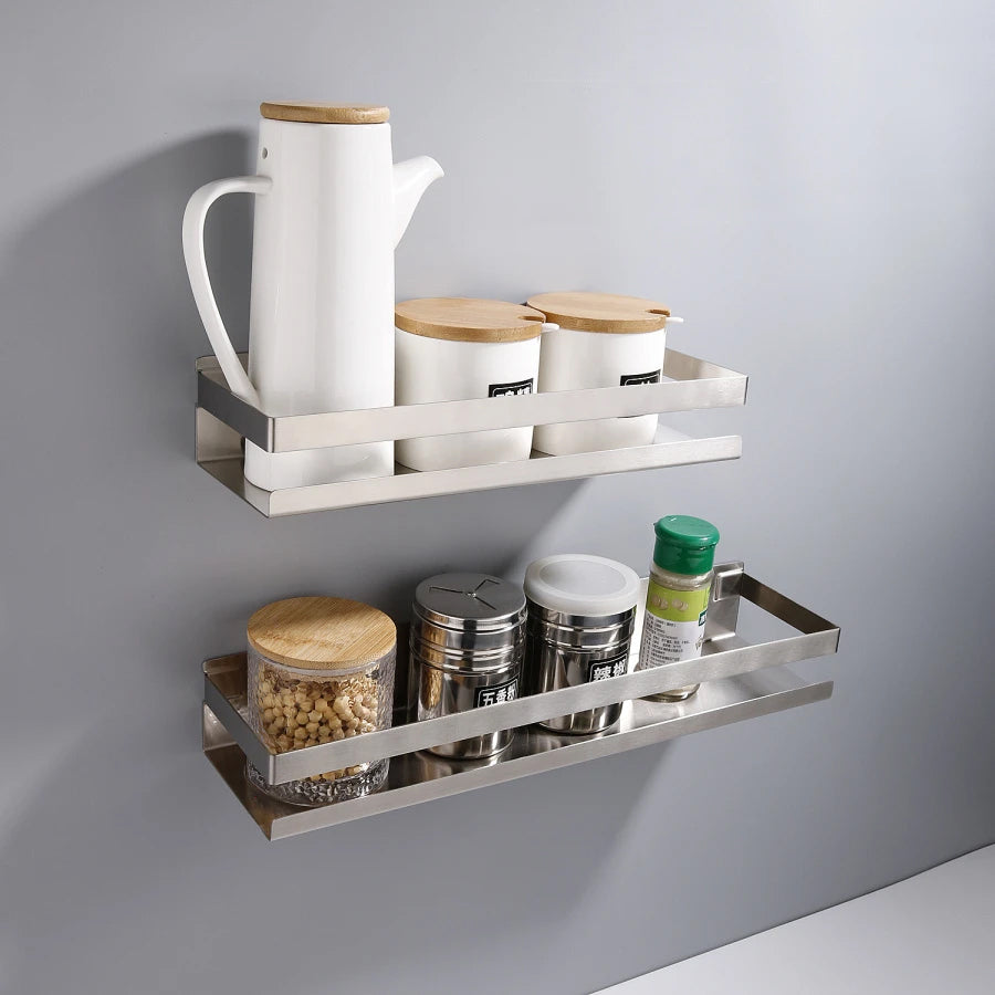 Industrial Design Stainless Steel Kitchen Shelf Racking For Storing Pots Jars Tea Coffee Spices etc Modern Aesthetics In Matt Black Or Brushed Silver 4 Sizes