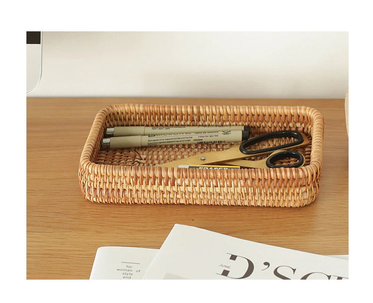 Japanese Style Handwoven Rattan Storage Tray Wicker Basket For Fruit Table Condiments Cosmetics etc Essential Home Storage For Kitchen Dining Room