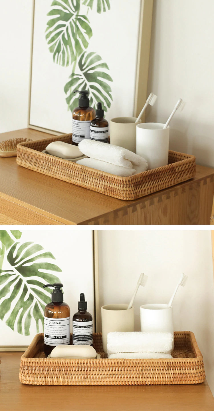 Japanese Style Handwoven Rattan Storage Tray Wicker Basket For Fruit Table Condiments Cosmetics etc Essential Home Storage For Kitchen Dining Room