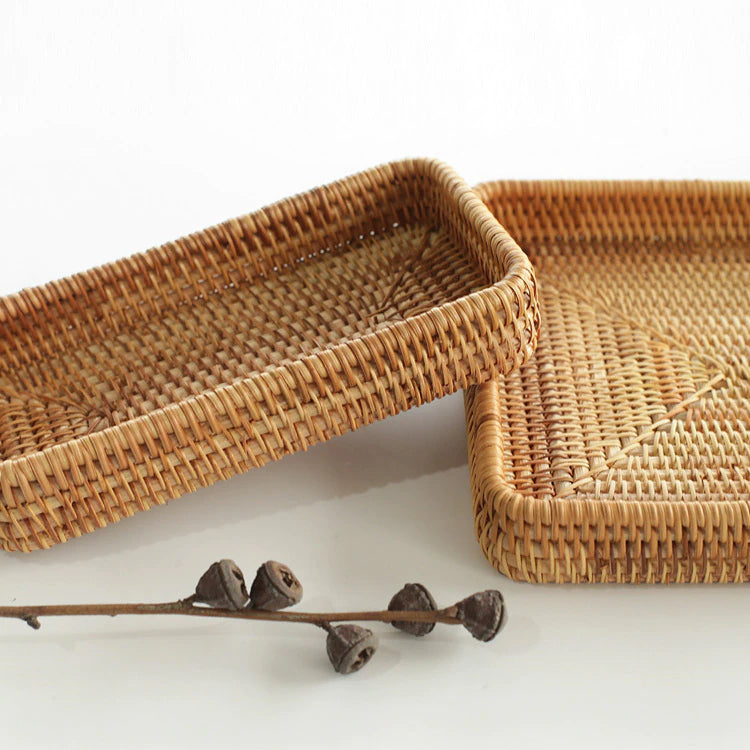 Japanese Style Handwoven Rattan Storage Tray Wicker Basket For Fruit Table Condiments Cosmetics etc Essential Home Storage For Kitchen Dining Room