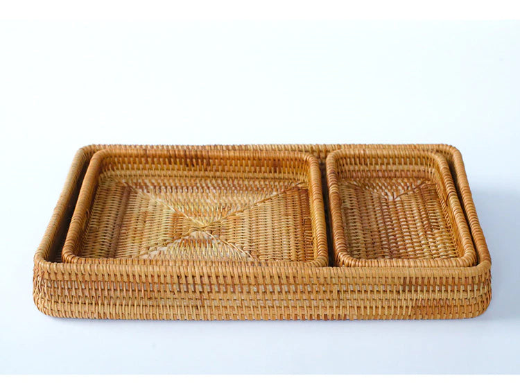 Japanese Style Handwoven Rattan Storage Tray Wicker Basket For Fruit Table Condiments Cosmetics etc Essential Home Storage For Kitchen Dining Room