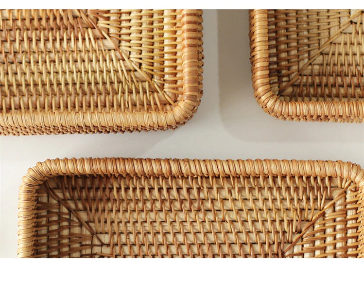 Japanese Style Handwoven Rattan Storage Tray Wicker Basket For Fruit Table Condiments Cosmetics etc Essential Home Storage For Kitchen Dining Room