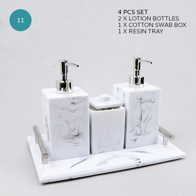 Light Grey White Marble Design Bathroom Accessories Soap Dispenser Toothbrush Holder Soap Dish Gargle Cup Wash Set Storage Tray Essential Washroom Supplies