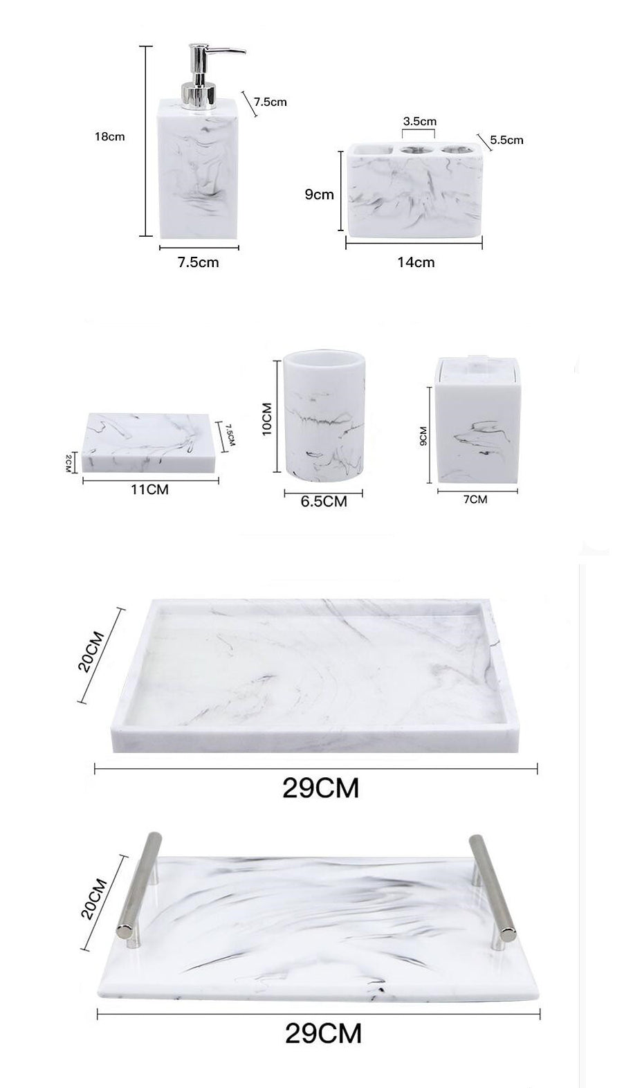 Light Grey White Marble Design Bathroom Accessories Soap Dispenser Toothbrush Holder Soap Dish Gargle Cup Wash Set Storage Tray Essential Washroom Supplies