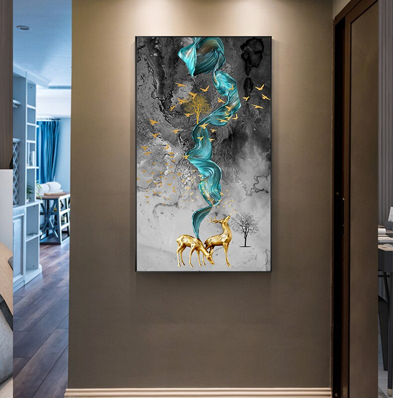 Lucky Golden Deer Abstract Nordic Contemporary Wall Art Paintings Fine Art Canvas Giclee Prints Luxury Pictures For Modern Home Office Decor