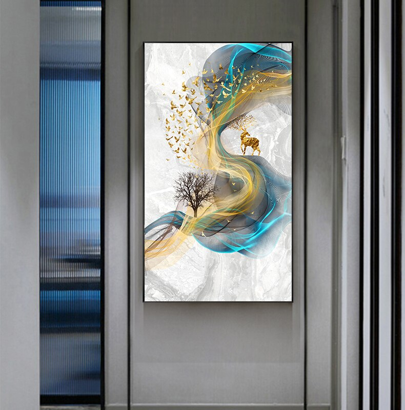 Lucky Golden Deer Abstract Nordic Contemporary Wall Art Paintings Fine Art Canvas Giclee Prints Luxury Pictures For Modern Home Office Decor