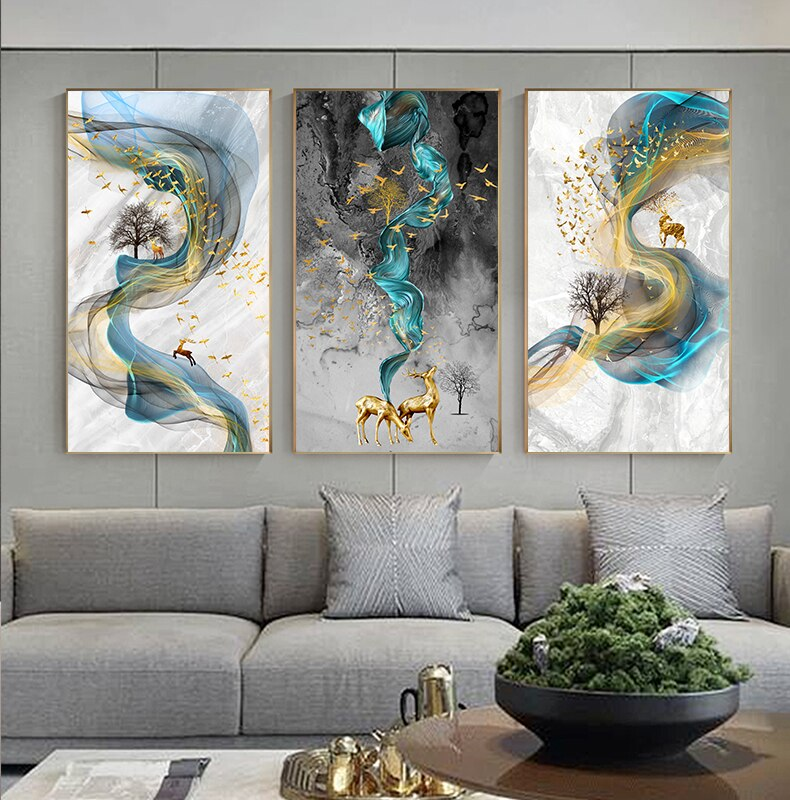 Lucky Golden Deer Abstract Nordic Contemporary Wall Art Paintings Fine Art Canvas Giclee Prints Luxury Pictures For Modern Home Office Decor