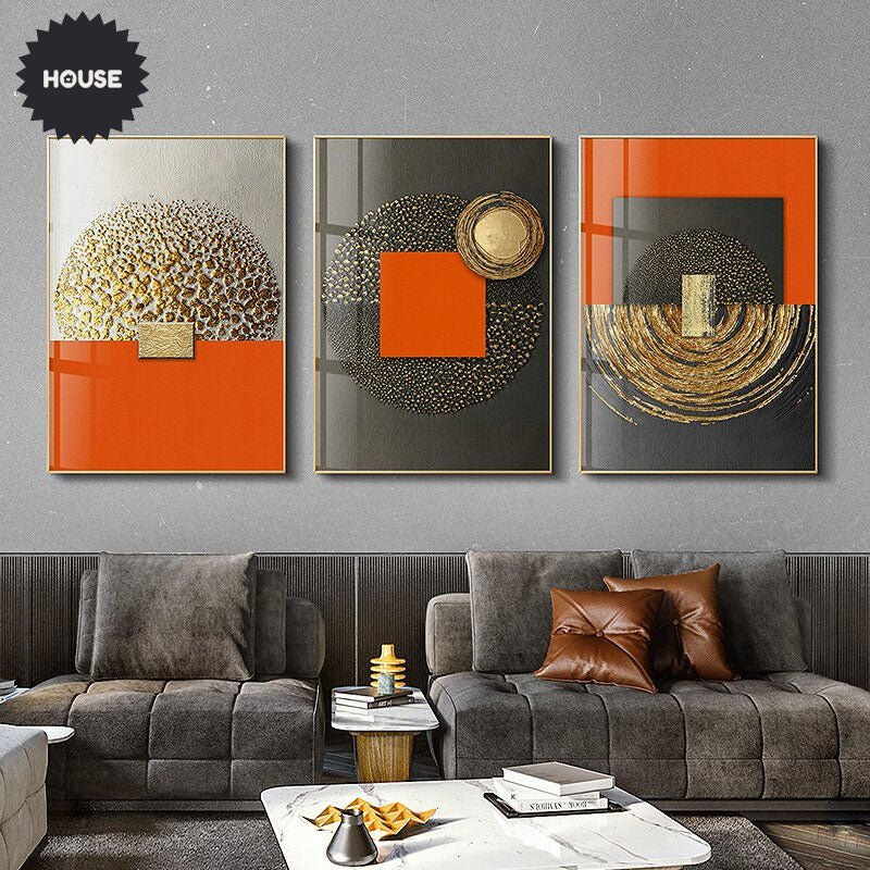 Luxury Abstract Modern Aesthetics Wall Art Fine Art Canvas Prints Bold Orange Golden Pictures For Modern Loft Apartment Living Room Home Office Decor
