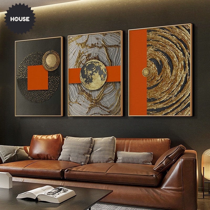 Luxury Abstract Modern Aesthetics Wall Art Fine Art Canvas Prints Bold Orange Golden Pictures For Modern Loft Apartment Living Room Home Office Decor