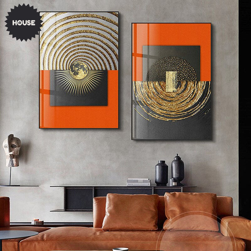 Luxury Abstract Modern Aesthetics Wall Art Fine Art Canvas Prints Bold Orange Golden Pictures For Modern Loft Apartment Living Room Home Office Decor