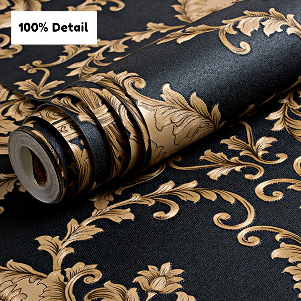 Luxury Embossed Black & Gold Damask Wallpaper Patterned Texture 3D Metallic Vinyl Wall Covering Opulent Retro Vintage Style Home Decoration