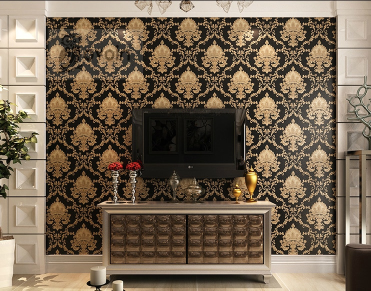 Luxury Embossed Black & Gold Damask Wallpaper Patterned Texture 3D Metallic Vinyl Wall Covering Opulent Retro Vintage Style Home Decoration