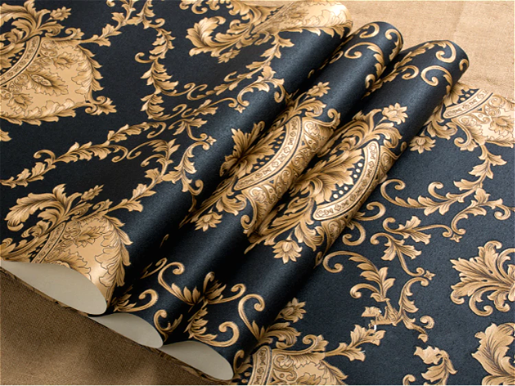 Luxury Embossed Black & Gold Damask Wallpaper Patterned Texture 3D Metallic Vinyl Wall Covering Opulent Retro Vintage Style Home Decoration