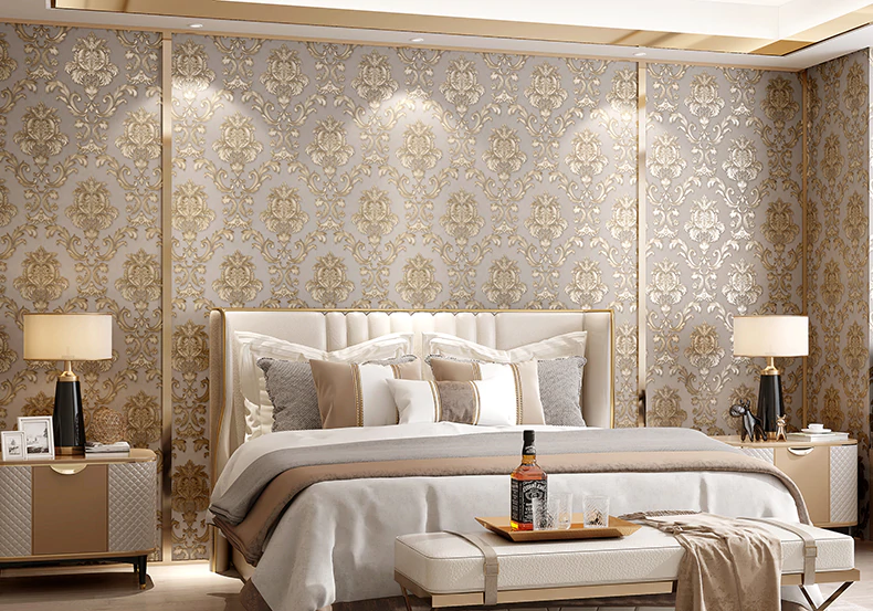 Classic Gold Damask Wallpaper Textured Embossed Vinyl Wall Covering For Bedroom Living Room Luxury Home Decor Wall Paper Beige-Grey Background With Gold Motif