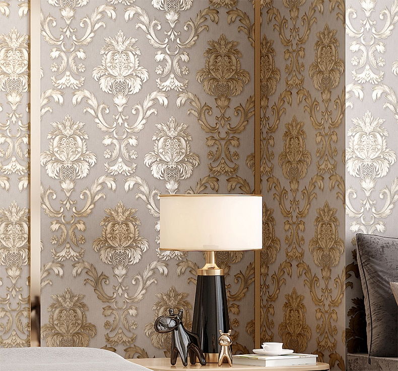 Classic Gold Damask Wallpaper Textured Embossed Vinyl Wall Covering For Bedroom Living Room Luxury Home Decor Wall Paper Beige-Grey Background With Gold Motif