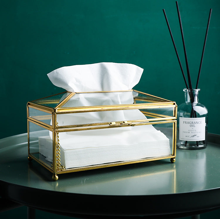 Luxury Handmade Nordic Tissue Box Metal Brass And Glass Mirror Decorative Napkin Dispenser For Table Desktop Storage Box For Cosmetics Makeup Accessories etc