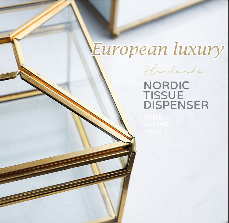 Luxury Handmade Nordic Tissue Box Metal Brass And Glass Mirror Decorative Napkin Dispenser For Table Desktop Storage Box For Cosmetics Makeup Accessories etc