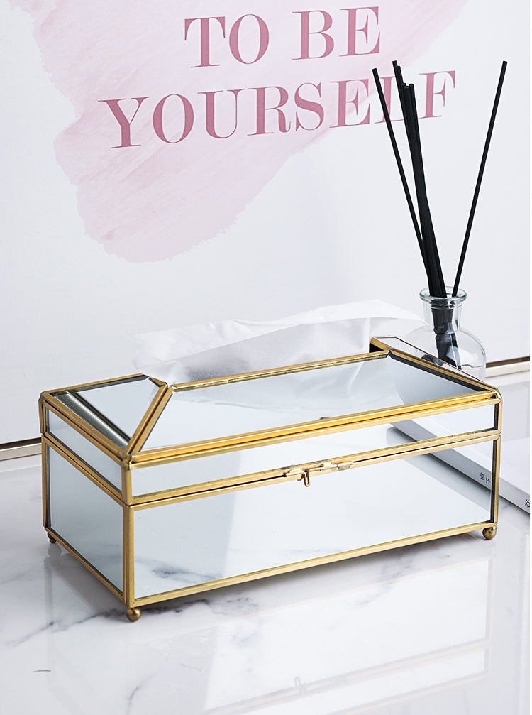 Luxury Handmade Nordic Tissue Box Metal Brass And Glass Mirror Decorative Napkin Dispenser For Table Desktop Storage Box For Cosmetics Makeup Accessories etc