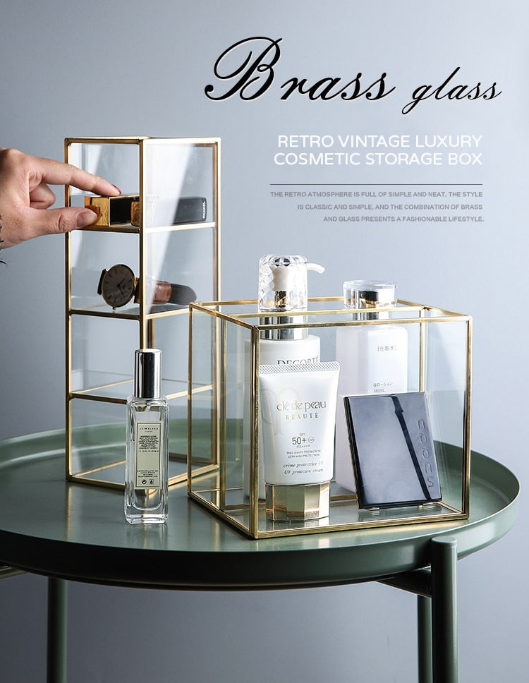 Luxury Nordic Cosmetics Makeup Storage Box Lipstick Brush Eyebrow Pencil Organizer Glass And Brass Jewelry Case For Salon Bedroom Vintage Handmade Home Decor