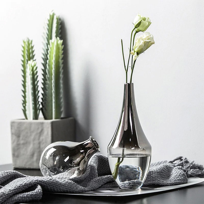 Luxury Silver Gradient Glass Vase Desktop Terrarium For Flowers Vases For Dried Flower Display Cute Tabletop Decoration For Living Room Office Cafe Etc