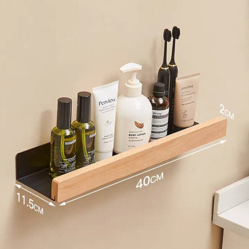 Modern Bathroom Shelf Solid Wood & Aluminium Racking For Cosmetics Shampoo Storage Washroom Kitchen All Purpose Wood Metal Shelving