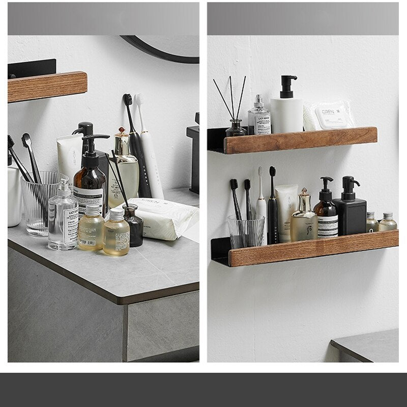 Modern Bathroom Shelf Solid Wood & Aluminium Racking For Cosmetics Shampoo Storage Washroom Kitchen All Purpose Wood Metal Shelving