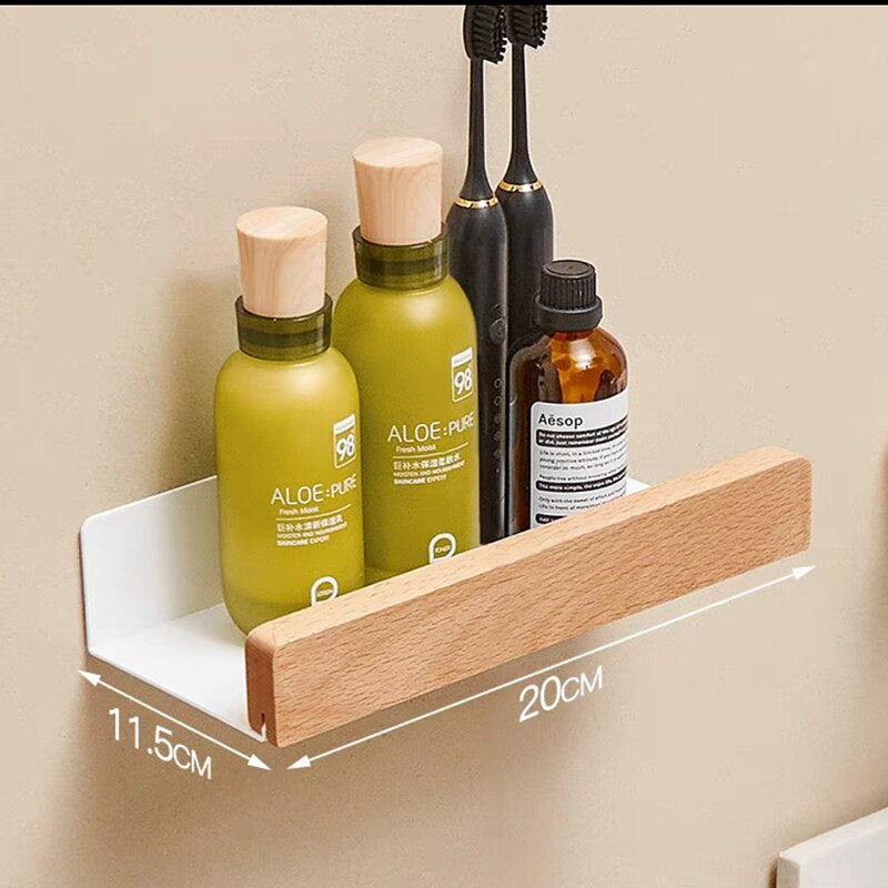 Modern Bathroom Shelf Solid Wood & Aluminium Racking For Cosmetics Shampoo Storage Washroom Kitchen All Purpose Wood Metal Shelving