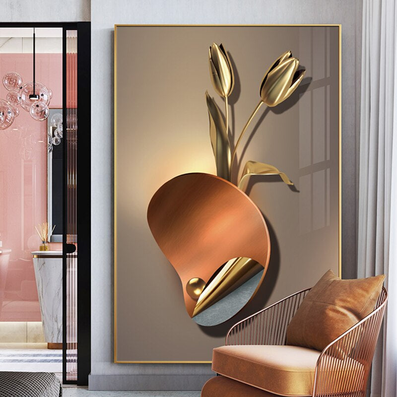Modern Aesthetics Golden Leaves 3d Effect Floral Abstract Wall Art Fine Art Canvas Prints Pictures For Luxury Living Room Dining Room Home Office Interior Decor