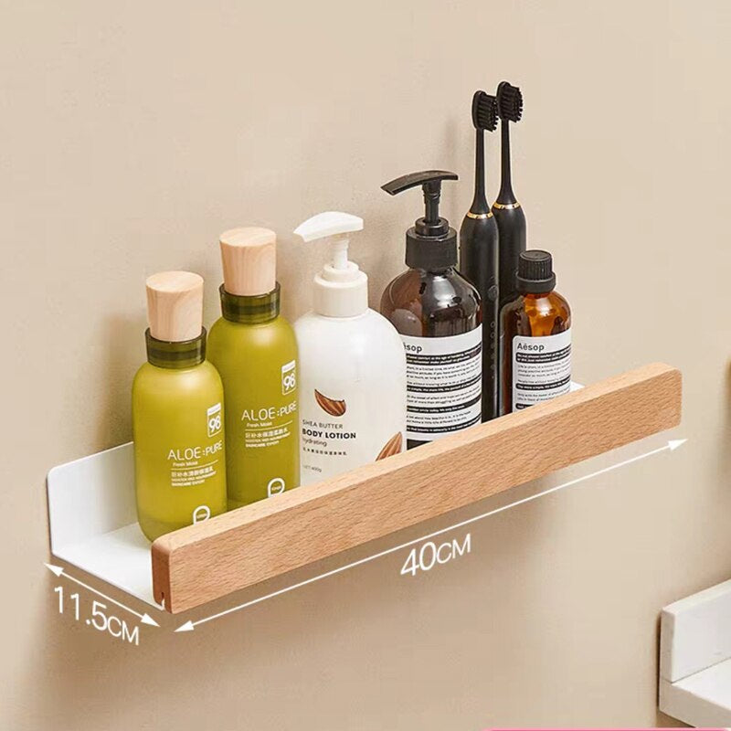 Modern Bathroom Shelf Solid Wood & Aluminium Racking For Cosmetics Shampoo Storage Washroom Kitchen All Purpose Wood Metal Shelving