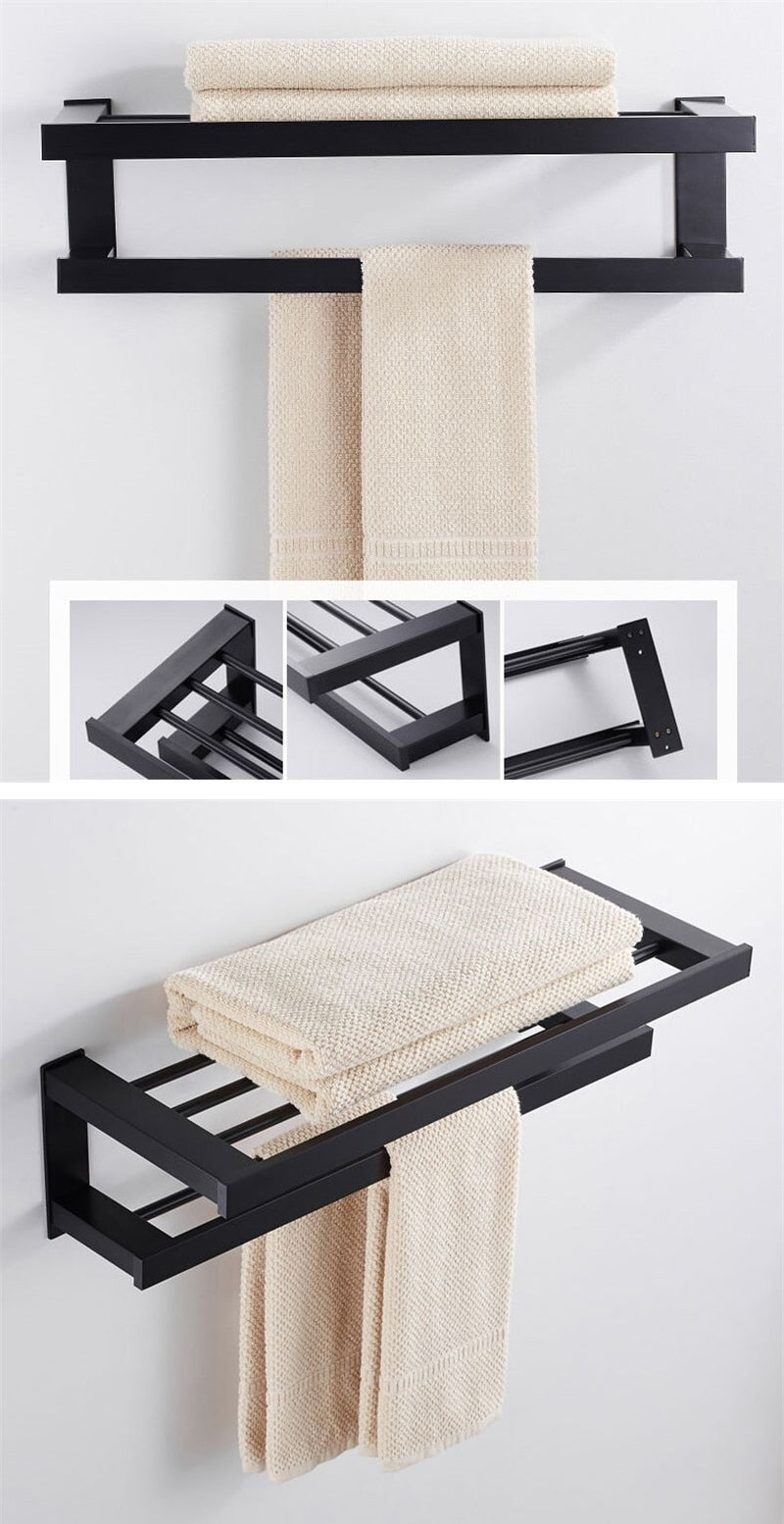 Matt Black Bathroom Towel Rack Wall Mounted Shelf With Twin Tier Towel Rails Modern Angular Design With Polished Aluminium Finish Premium Bathroom Hardware