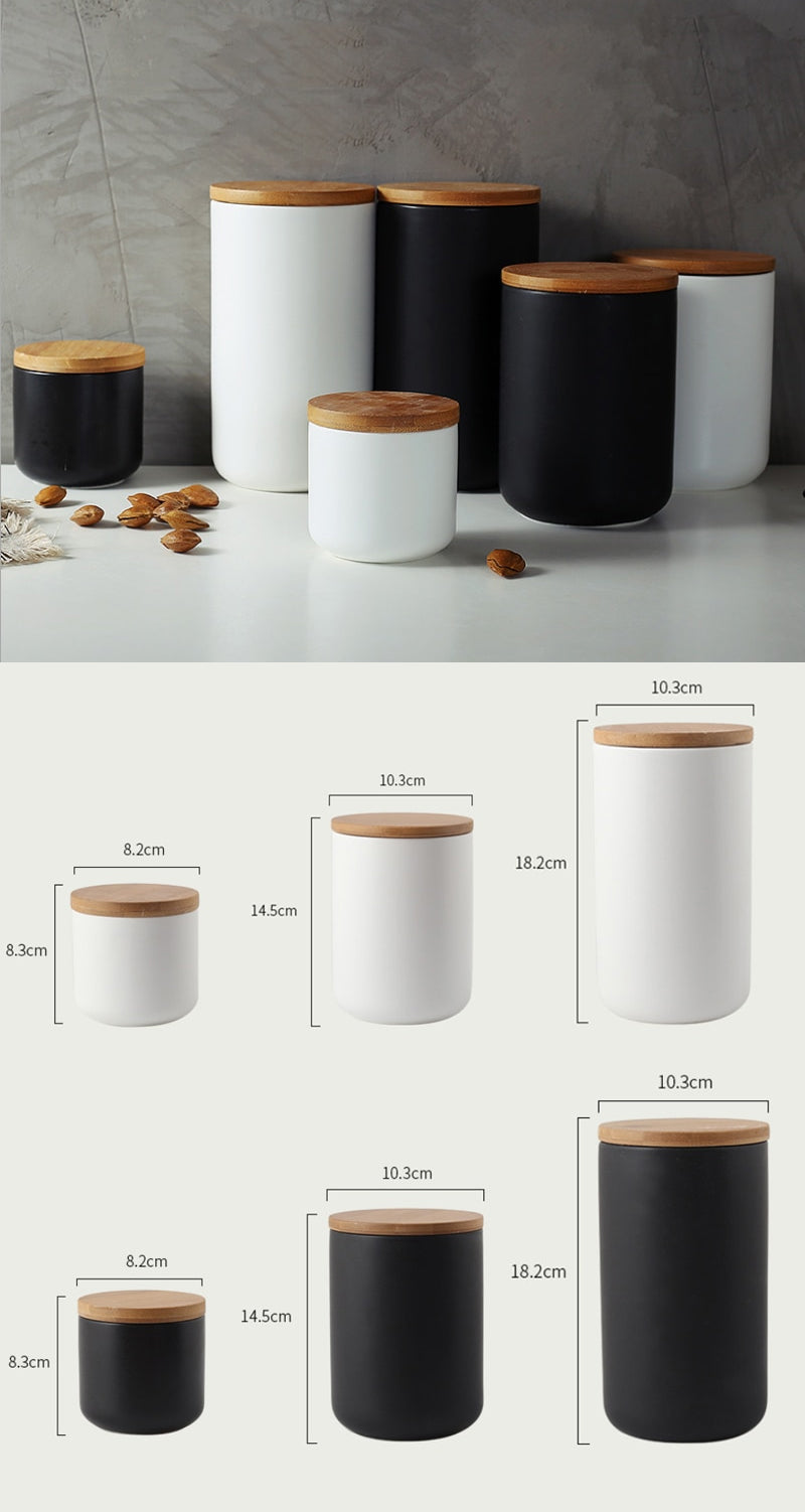 Matt Black Porcelain Storage Pots With Wooden Lids Ceramic Containers With Sealed Wood Cap Black White 3 Sizes For Coffee Tea Rice Pasta etc