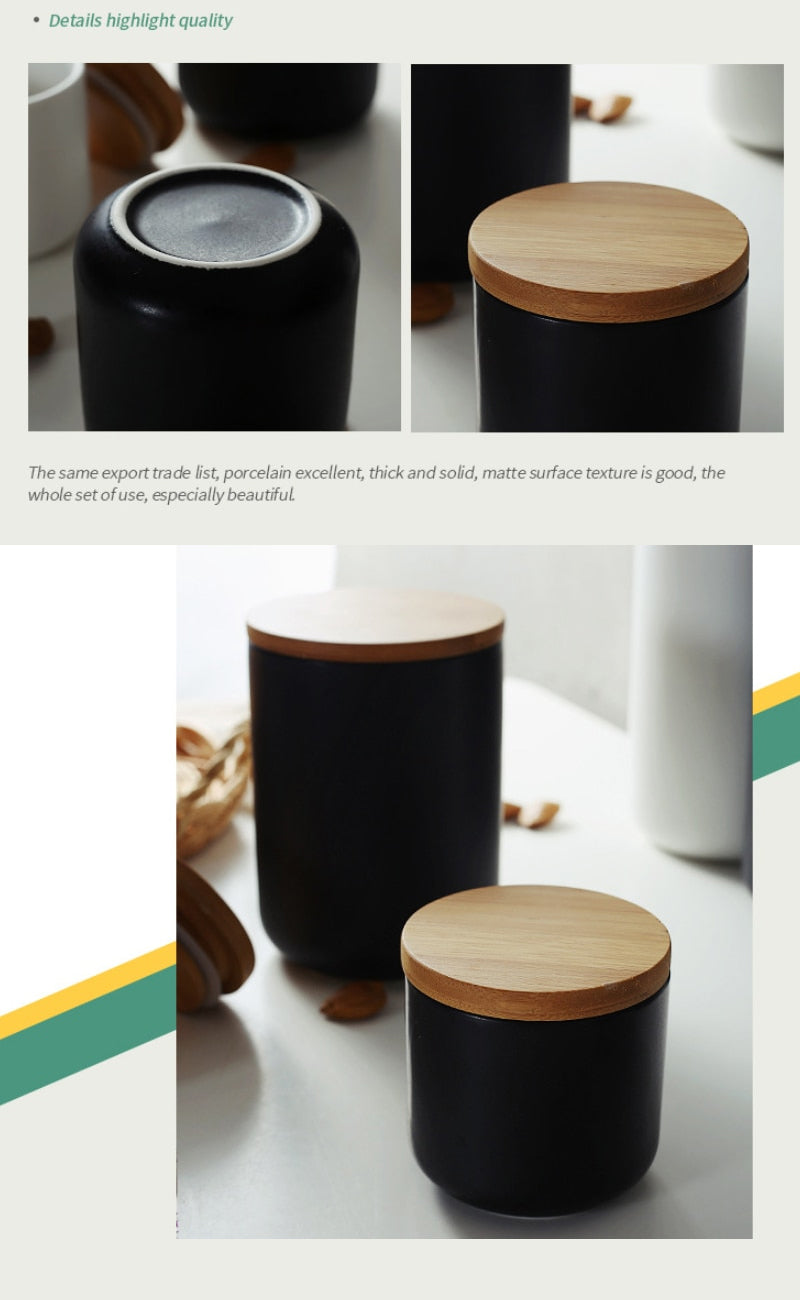 Matt Black Porcelain Storage Pots With Wooden Lids Ceramic Containers With Sealed Wood Cap Black White 3 Sizes For Coffee Tea Rice Pasta etc