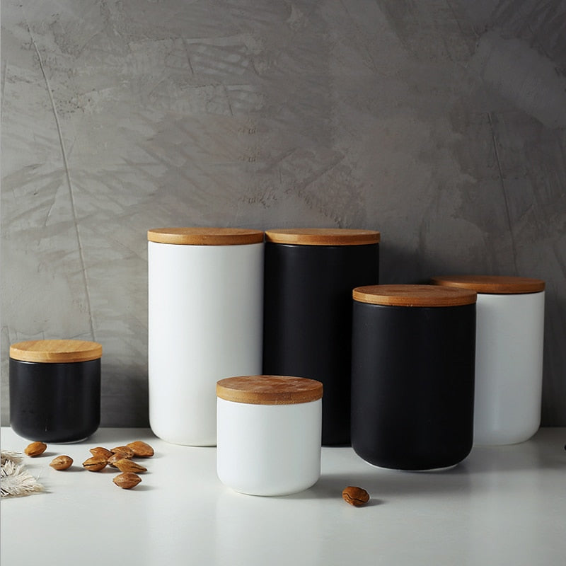 Matt Black Porcelain Storage Pots With Wooden Lids Ceramic Containers With Sealed Wood Cap Black White 3 Sizes For Coffee Tea Rice Pasta etc