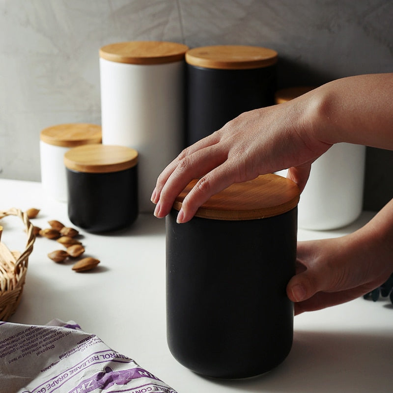 Matt Black Porcelain Storage Pots With Wooden Lids Ceramic Containers With Sealed Wood Cap Black White 3 Sizes For Coffee Tea Rice Pasta etc