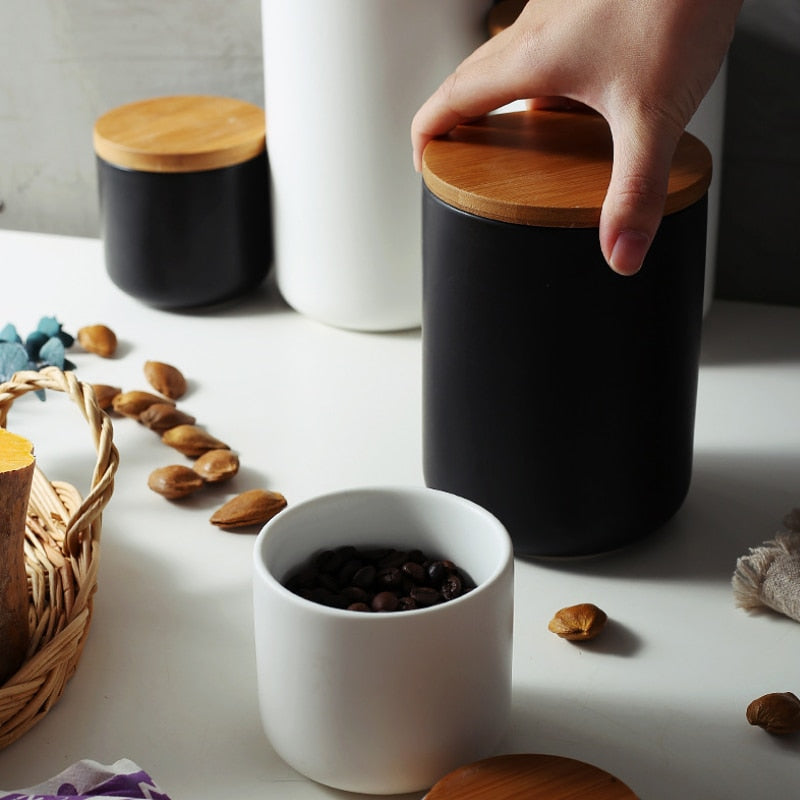 Matt Black Porcelain Storage Pots With Wooden Lids Ceramic Containers With Sealed Wood Cap Black White 3 Sizes For Coffee Tea Rice Pasta etc