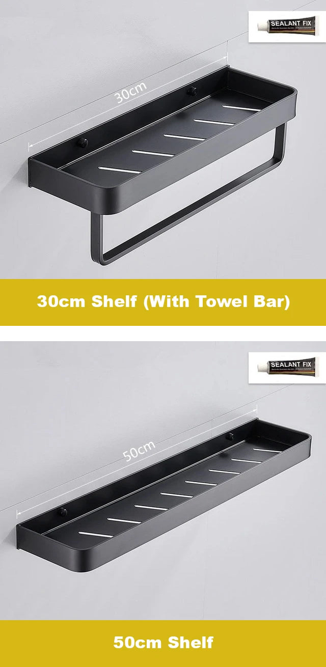 Matt Black Space Aluminum Storage Rack Bathroom Shelf For Cosmetics With Optional Towel Rail And Hooks Electroplated Alloy Shelves For Modern Bathroom Washroom Fittings