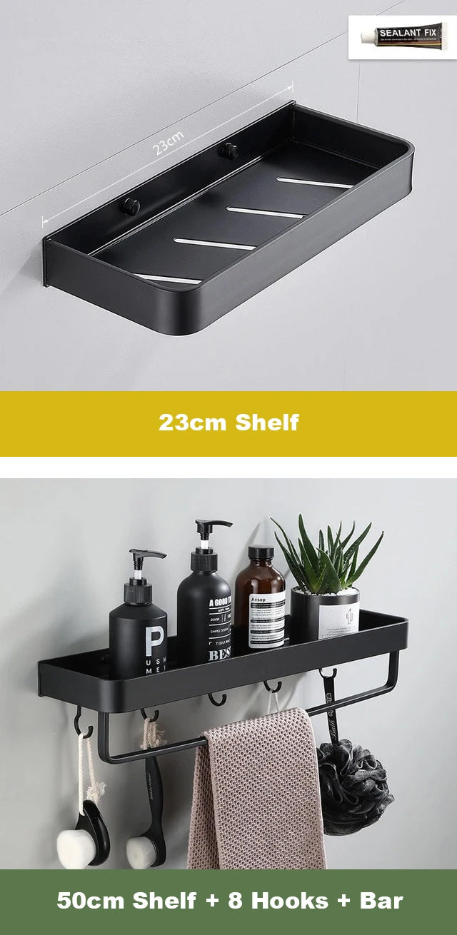 Matt Black Space Aluminum Storage Rack Bathroom Shelf For Cosmetics With Optional Towel Rail And Hooks Electroplated Alloy Shelves For Modern Bathroom Washroom Fittings