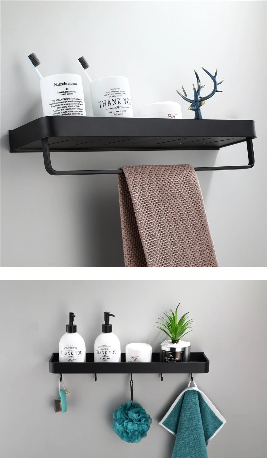 Matt Black Space Aluminum Storage Rack Bathroom Shelf For Cosmetics With Optional Towel Rail And Hooks Electroplated Alloy Shelves For Modern Bathroom Washroom Fittings