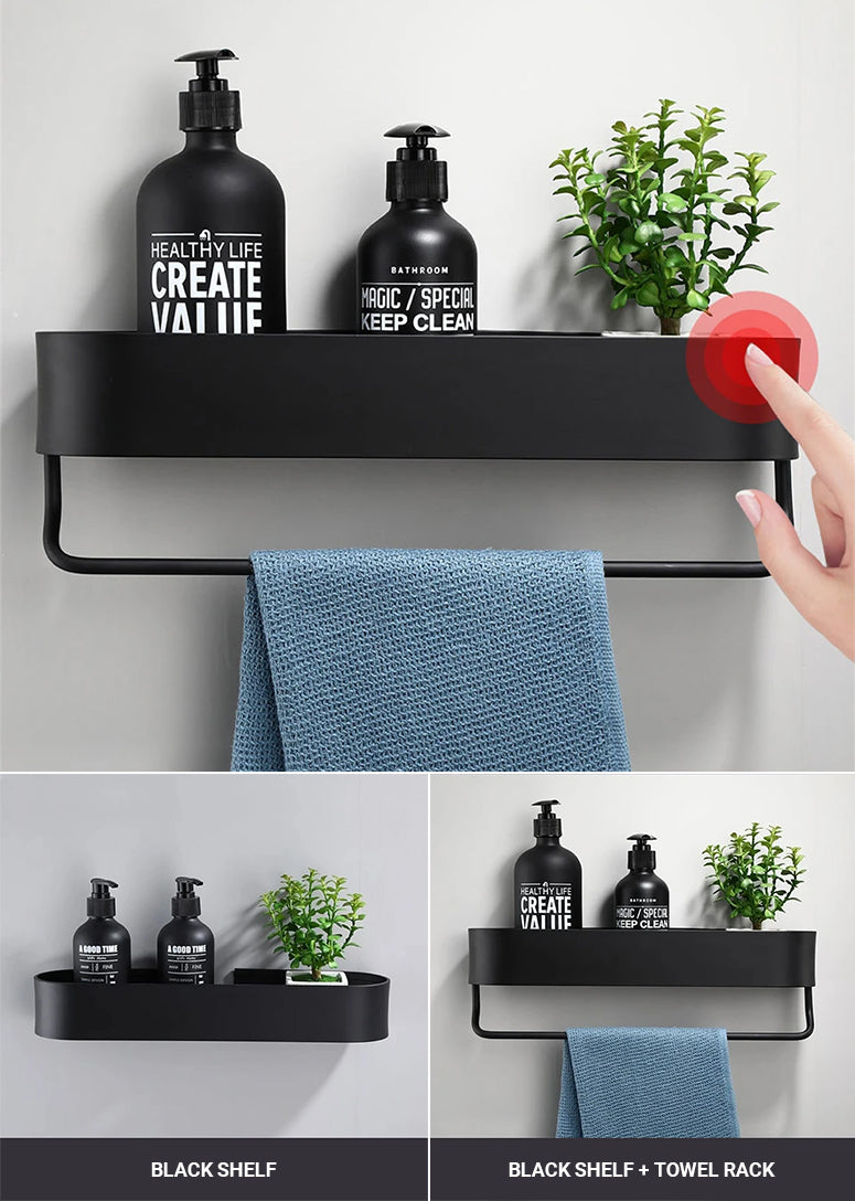 Matt Black Storage Shelf For Bathroom Or Kitchen Strong Modern Design Rigid Lightweight Space Aluminum With Optional Towel Rack No Drilling Required