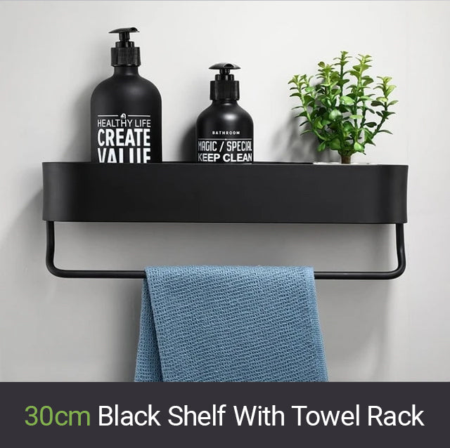 Matt Black Storage Rack For Bathroom Or Kitchen Or Bathroom Strong Modern Design Rigid Lightweight Space Aluminum With Optional Towel Rail