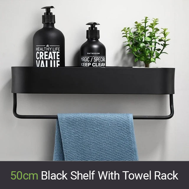 Matt Black Storage Rack For Bathroom Or Kitchen Or Bathroom Strong Modern Design Rigid Lightweight Space Aluminum With Optional Towel Rail