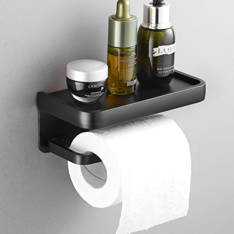 Matte Black Silver White Aluminum Toilet Roll Holder With Shelf Bathroom Accessory Rack For Holding Phone Cosmetics etc Double Toilet Roll Option