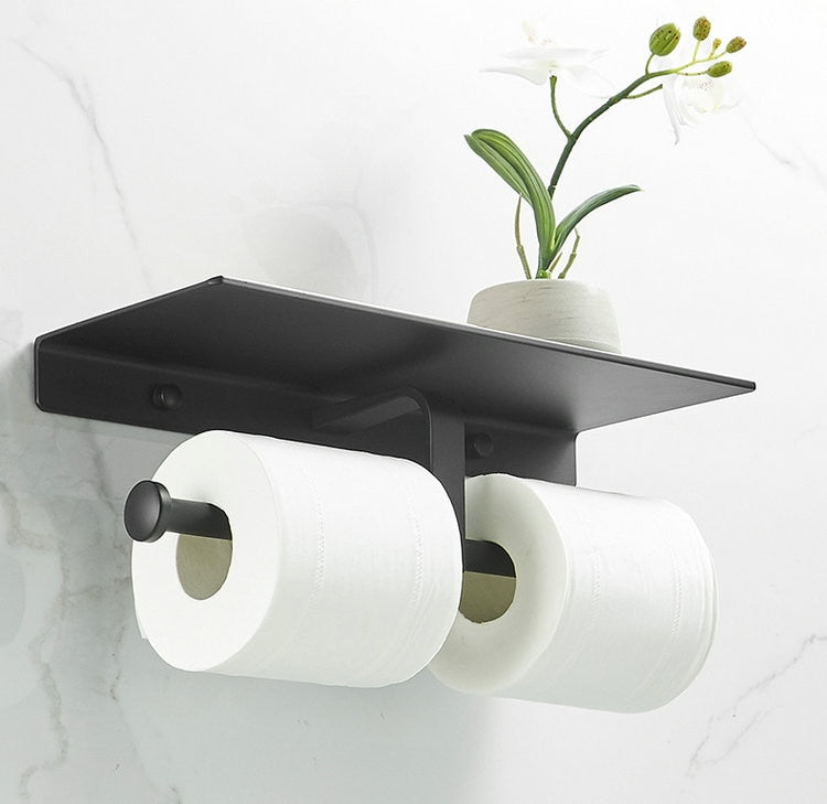 Matte Black Silver White Aluminum Toilet Roll Holder With Shelf Bathroom Accessory Rack For Holding Phone Cosmetics etc Double Toilet Roll Option