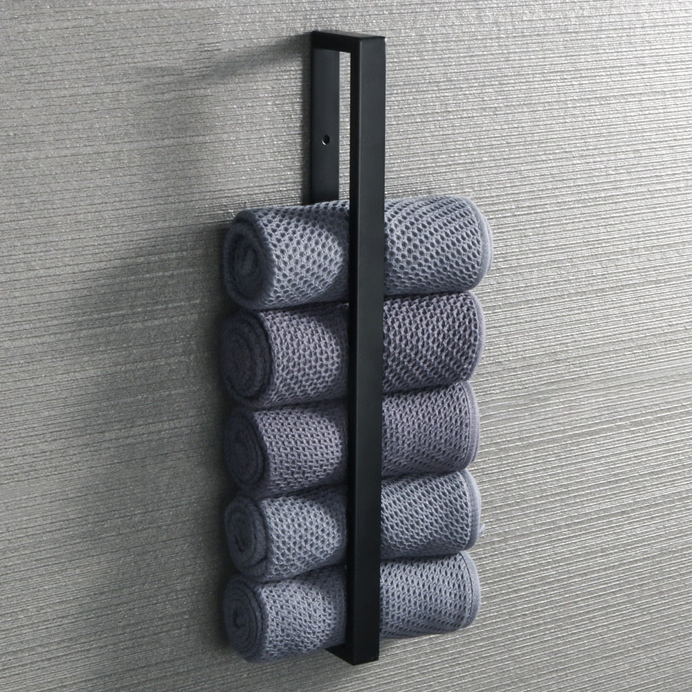 Minimalist Black Stainless Steel Bathroom Towel Rack Wall Mounted Hanger For Towel Organizer For Storage Of Multiple Towel Rolls