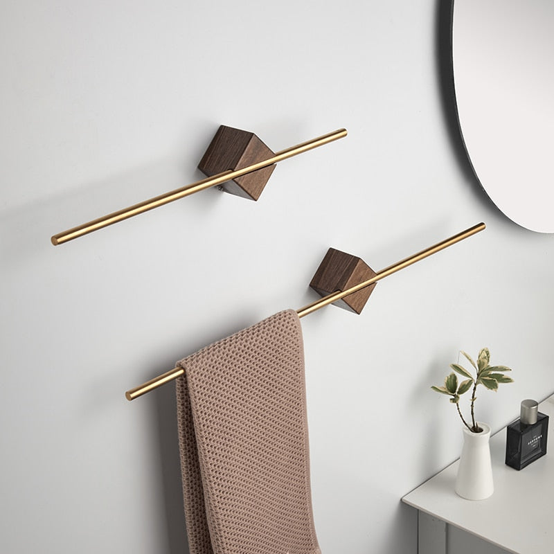 Minimalist Wood Steel Rod Bathroom Towel Rack Wall Mounted Adjustable Rail For Hanging Bath Towels Available In Black Brushed Gold