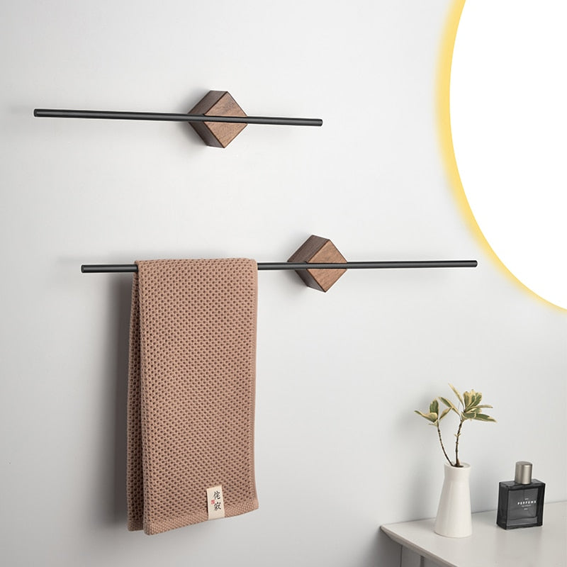 Minimalist Wood Steel Rod Bathroom Towel Rack Wall Mounted Adjustable Rail For Hanging Bath Towels Available In Black Brushed Gold