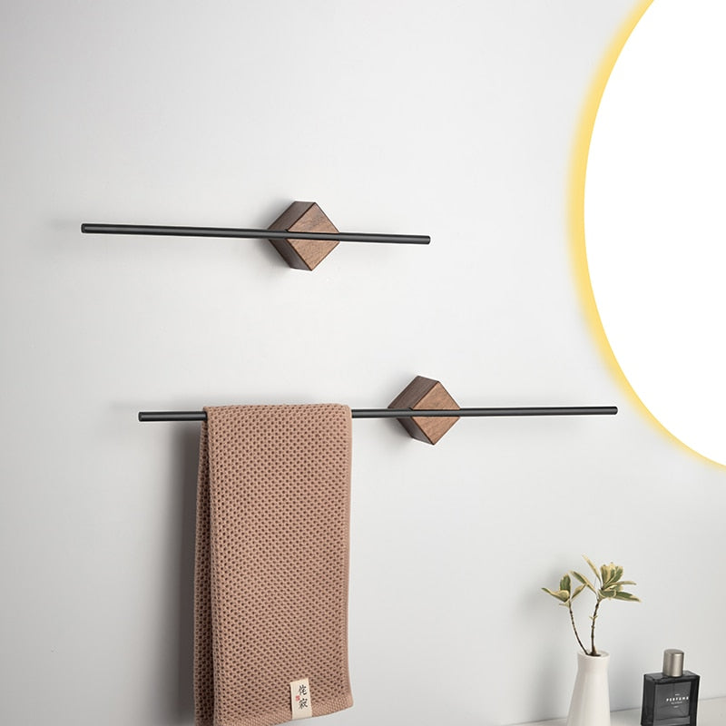 Minimalist Wood Steel Rod Bathroom Towel Rack Wall Mounted Adjustable Rail For Hanging Bath Towels Available In Black Brushed Gold