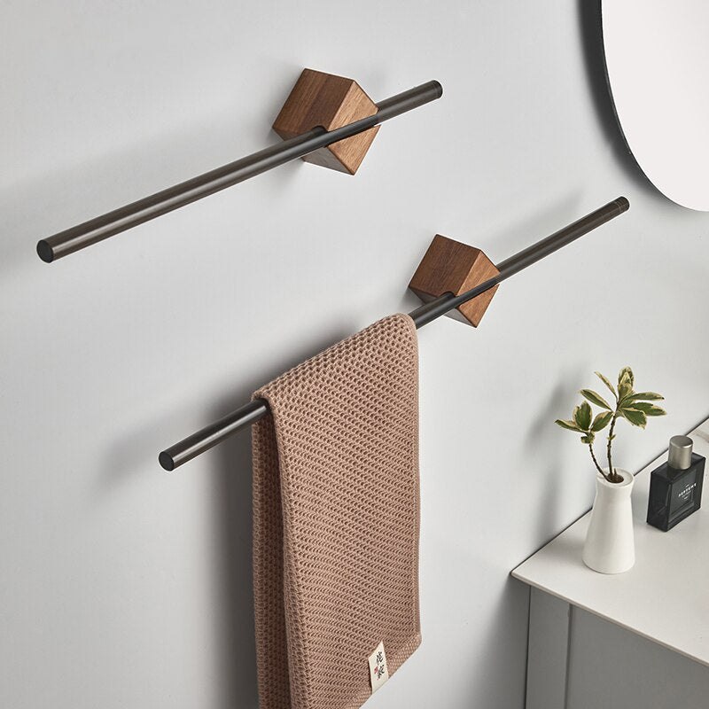 Minimalist Wood Steel Rod Bathroom Towel Rack Wall Mounted Adjustable Rail For Hanging Bath Towels Available In Black Brushed Gold