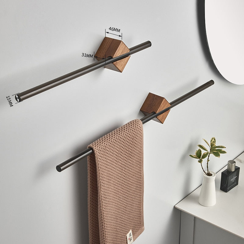 Minimalist Wood Steel Rod Bathroom Towel Rack Wall Mounted Adjustable Rail For Hanging Bath Towels Available In Black Brushed Gold